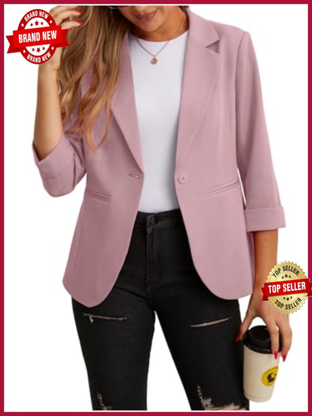 Women's 3/4 Sleeve Lapel Blazer Suit Jacket Button Front Pockets